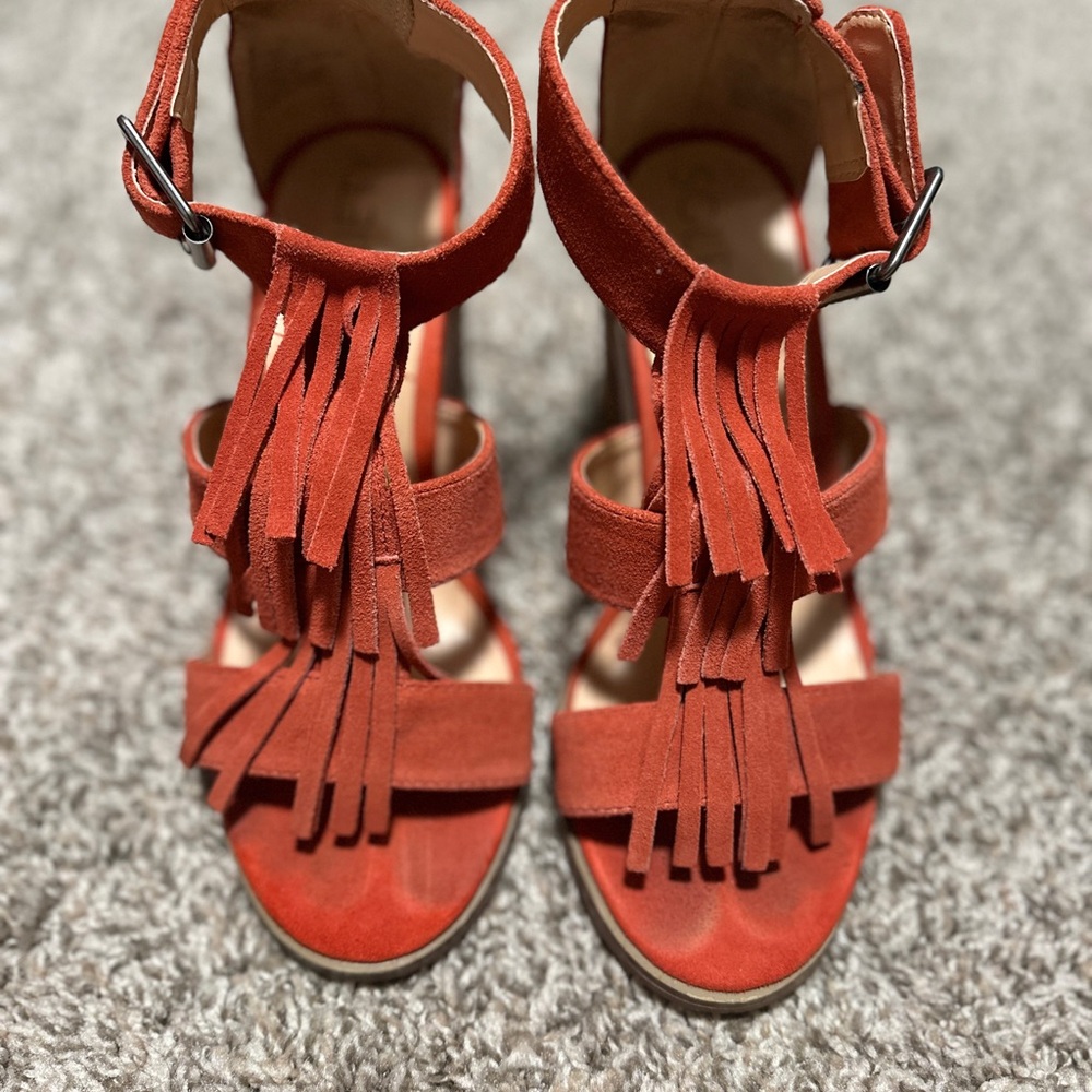 Sole Society Suede Orange Fringed Heeled Sandals